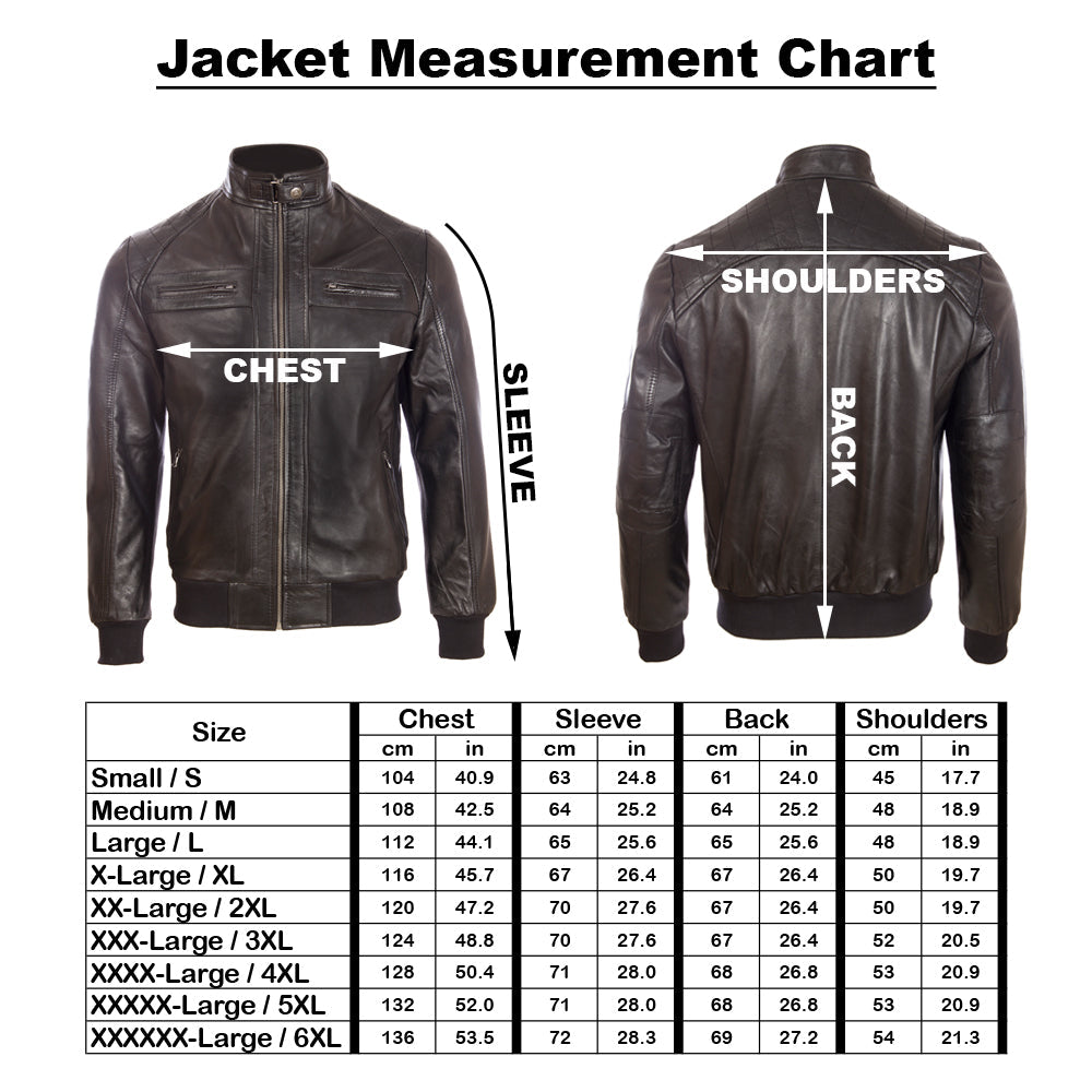Measurement chart for a leather jacket showing front, back, chest, sleeve, and shoulder measurements.
