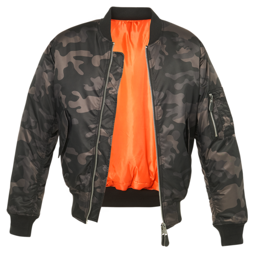 Camouflage jacket with orange interior on a white background
