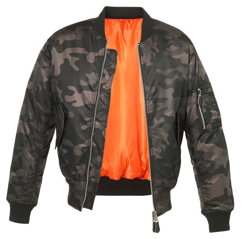 Camouflage bomber jacket with orange interior on a white background