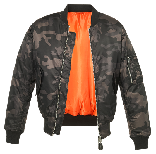 Camouflage bomber jacket with orange interior on a white background