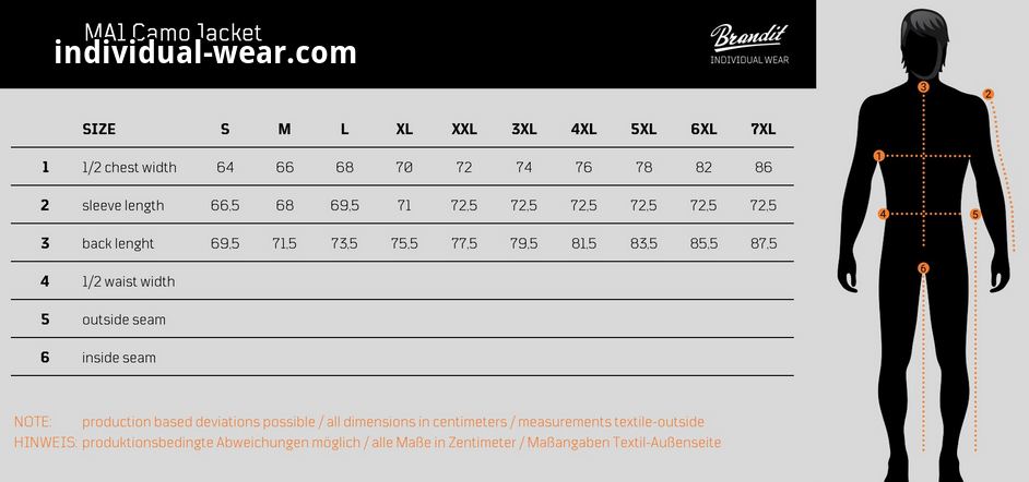 Measurement chart for a MA1 Camo Jacket with size guide and mannequin illustration.