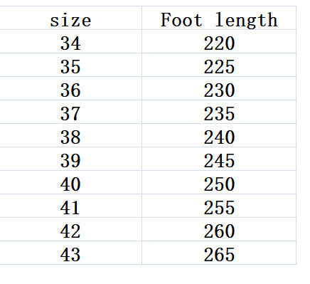 Table showing shoe size and corresponding foot length measurements.