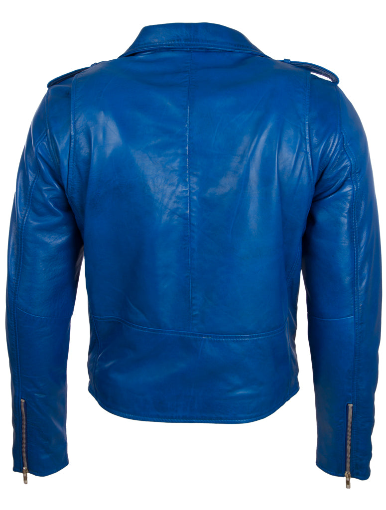 Blue leather jacket on a white background back view