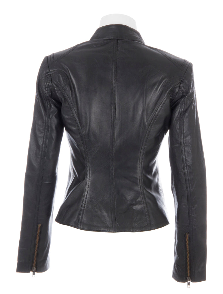 Black leather jacket on a mannequin against a white background back view