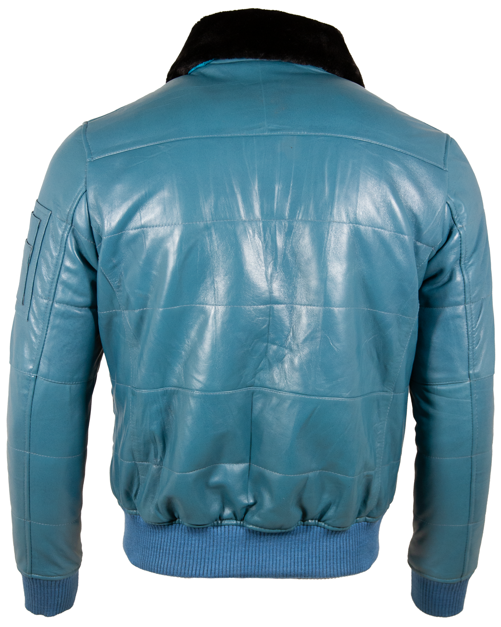 Blue leather jacket on a white background back view