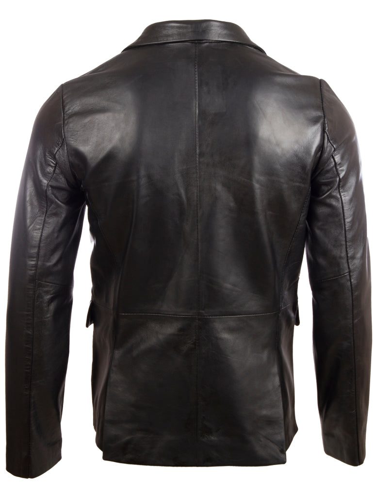 Black leather jacket shown from the back on a white background