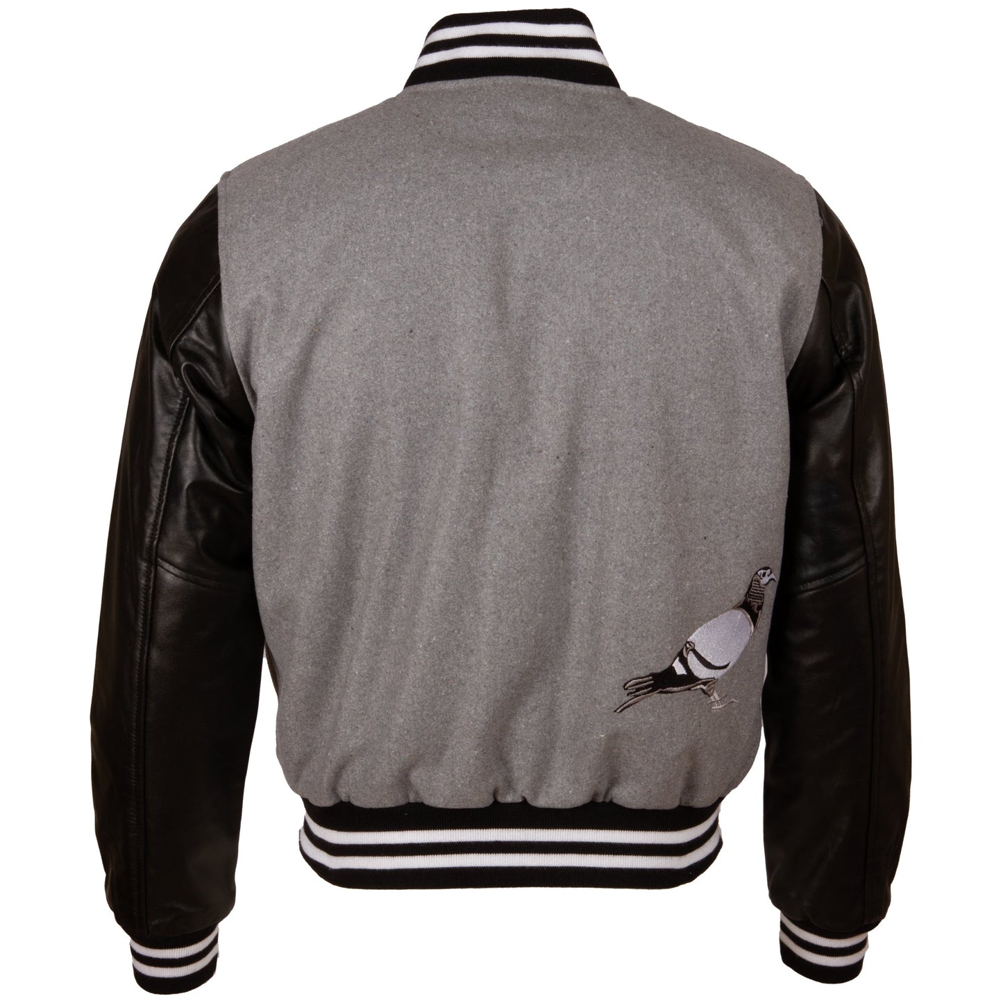 Gray varsity jacket with black leather sleeves and a pigeon design on the back, on a white background.