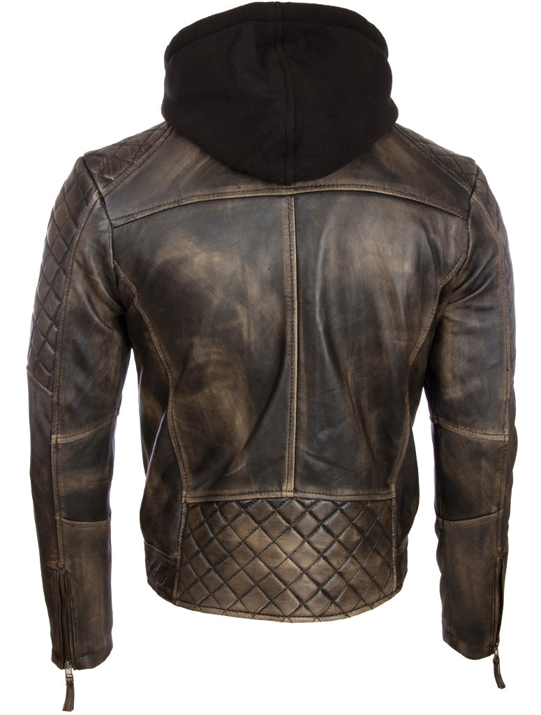 Men's Black Hooded Biker Jacket - Nappa Leather
