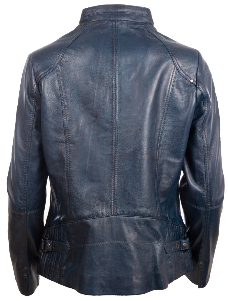 Back view of a blue leather jacket on a white background