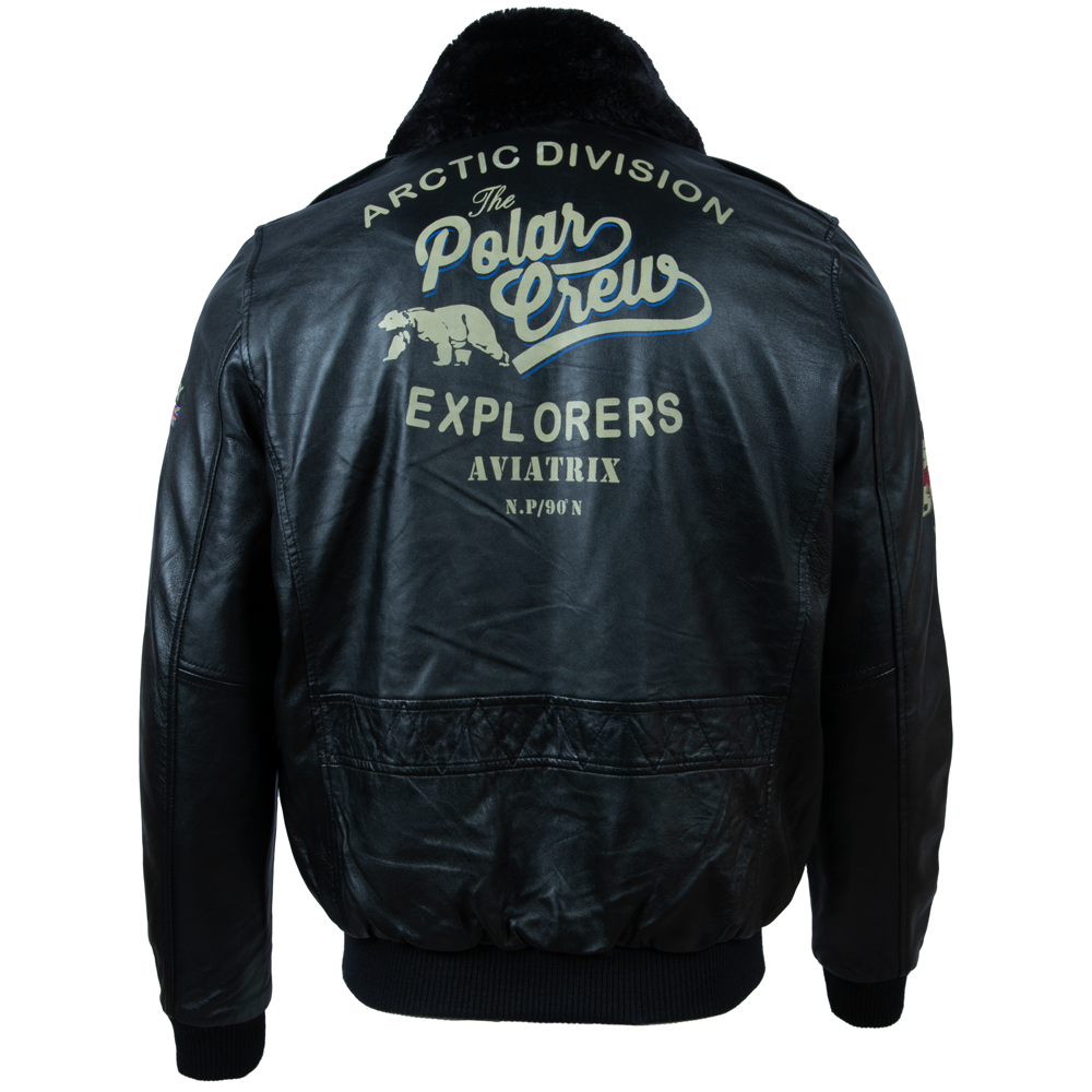Black leather jacket with 'Arctic Division' and 'The Polar Crew Explorers Aviatrix' text on the back, on a white background.