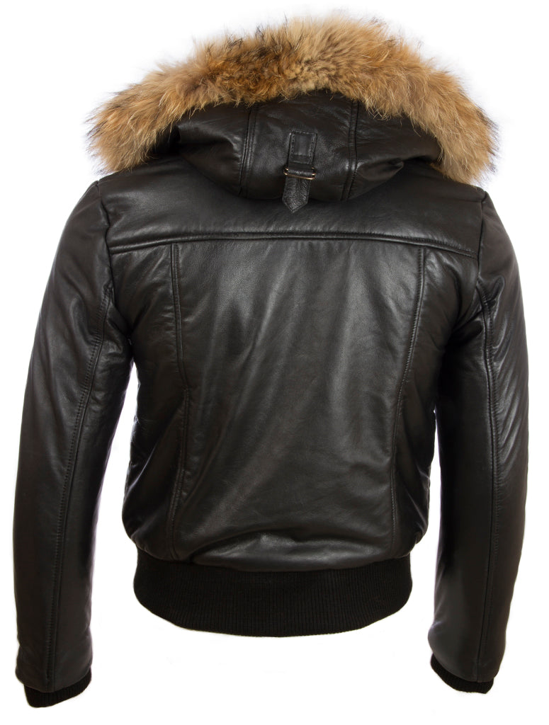 Men's Black Leather Bomber Jacket - Fur Hood
