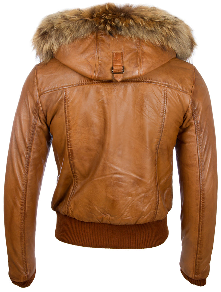Brown leather jacket with fur hood on a white background