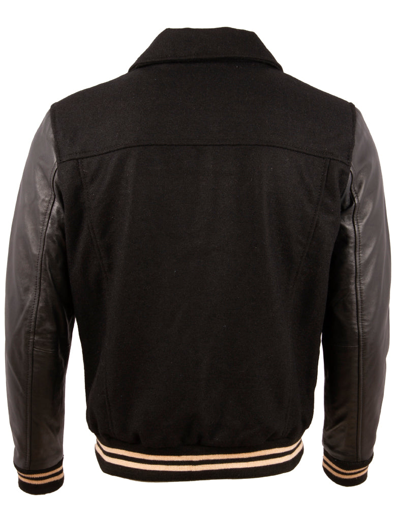 Black leather jacket with beige trim on a white background
