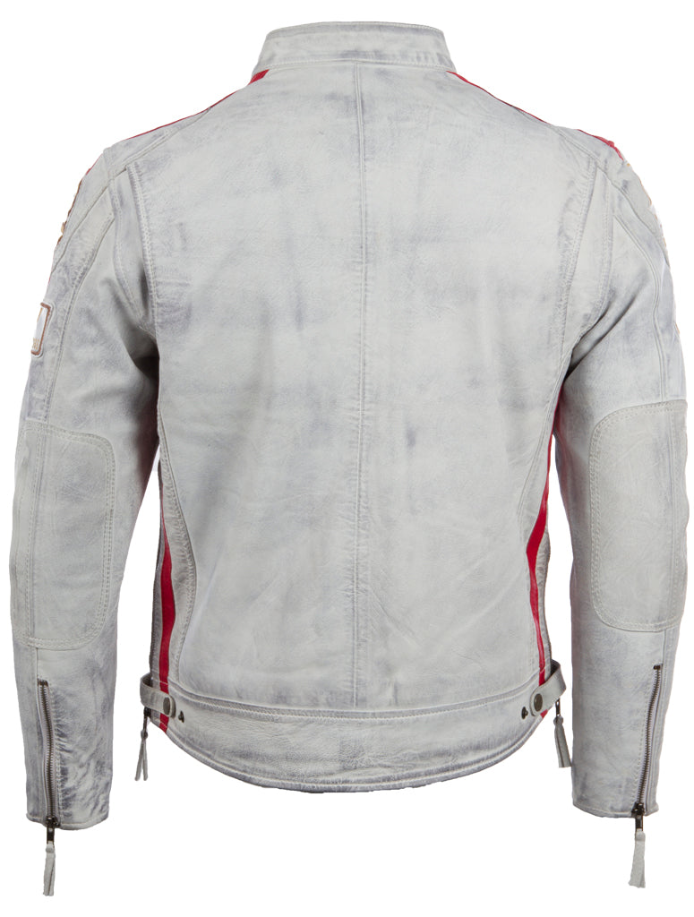 Light gray leather jacket with red accents on a white background