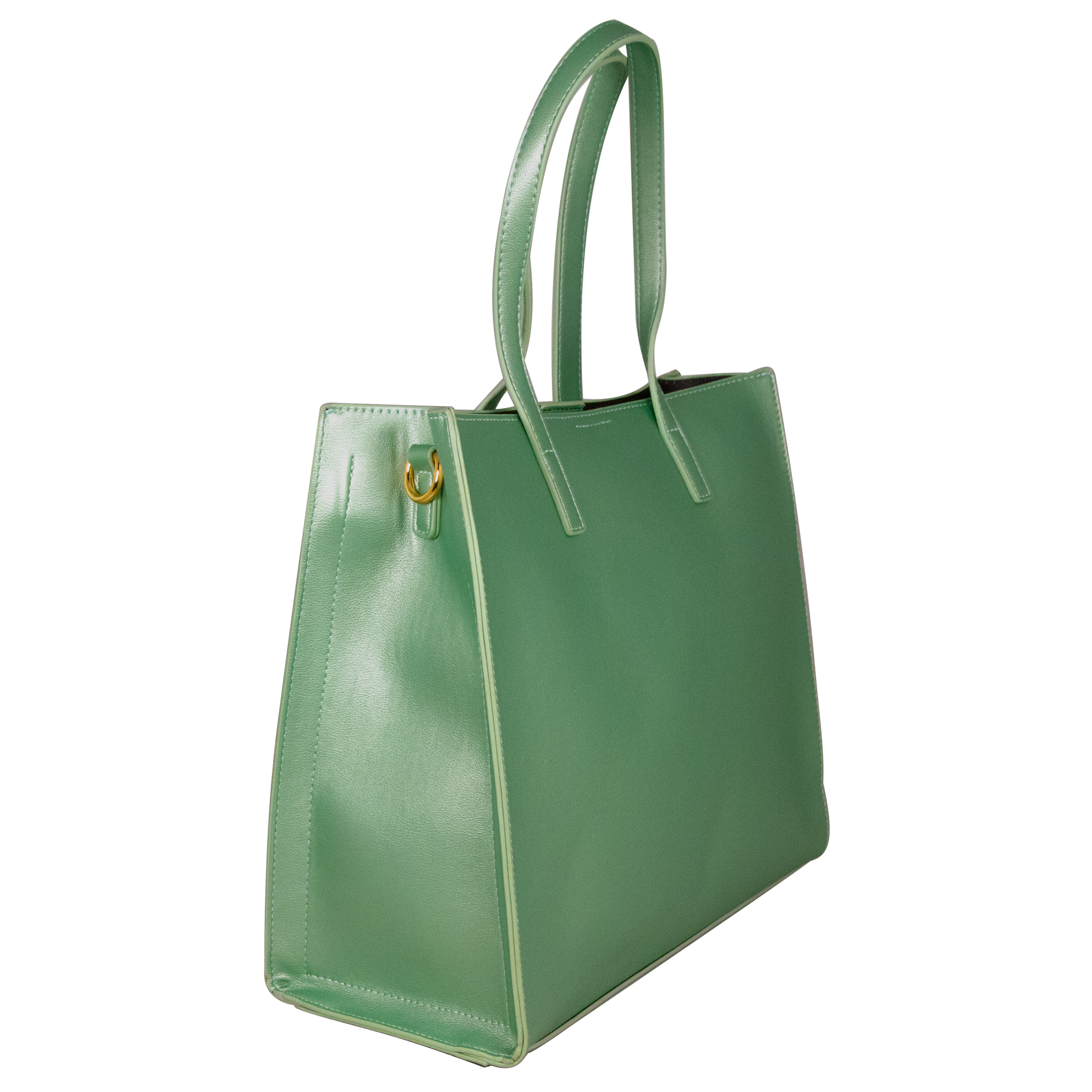 Green handbag with a gold clasp on a white background