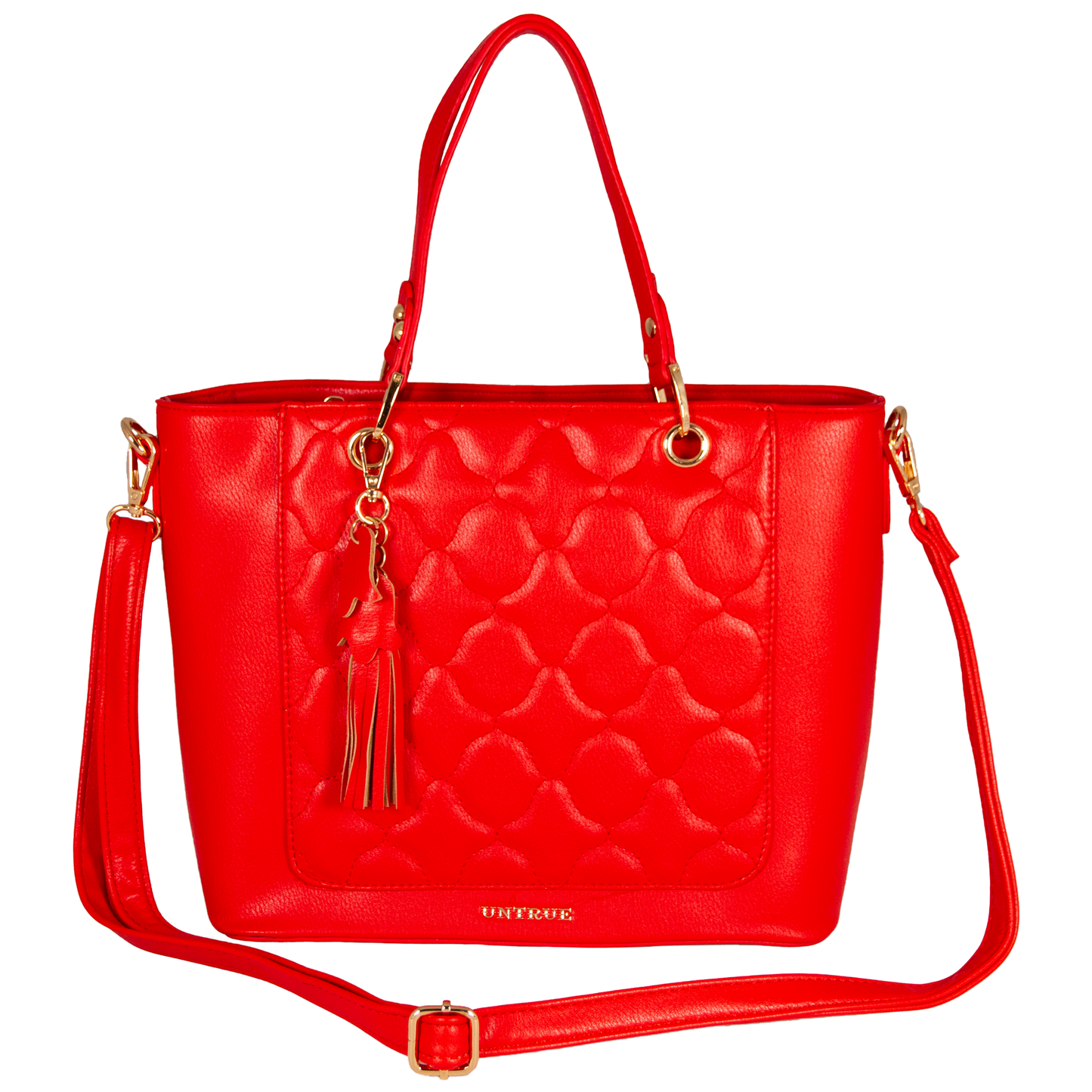 Red quilted handbag with gold accents on a white background