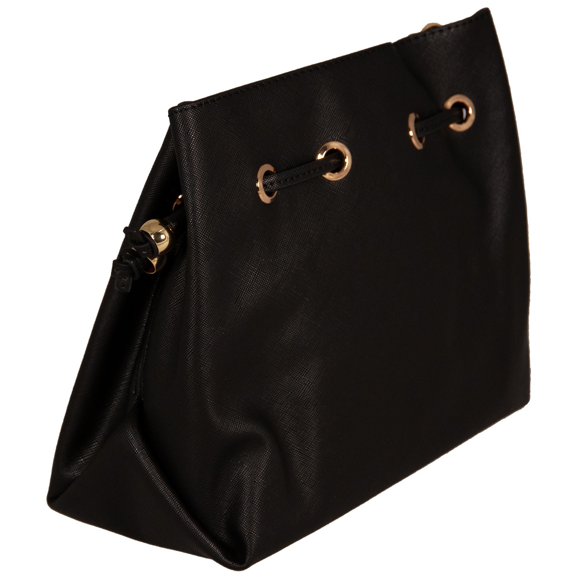 Black handbag with gold accents on a white background