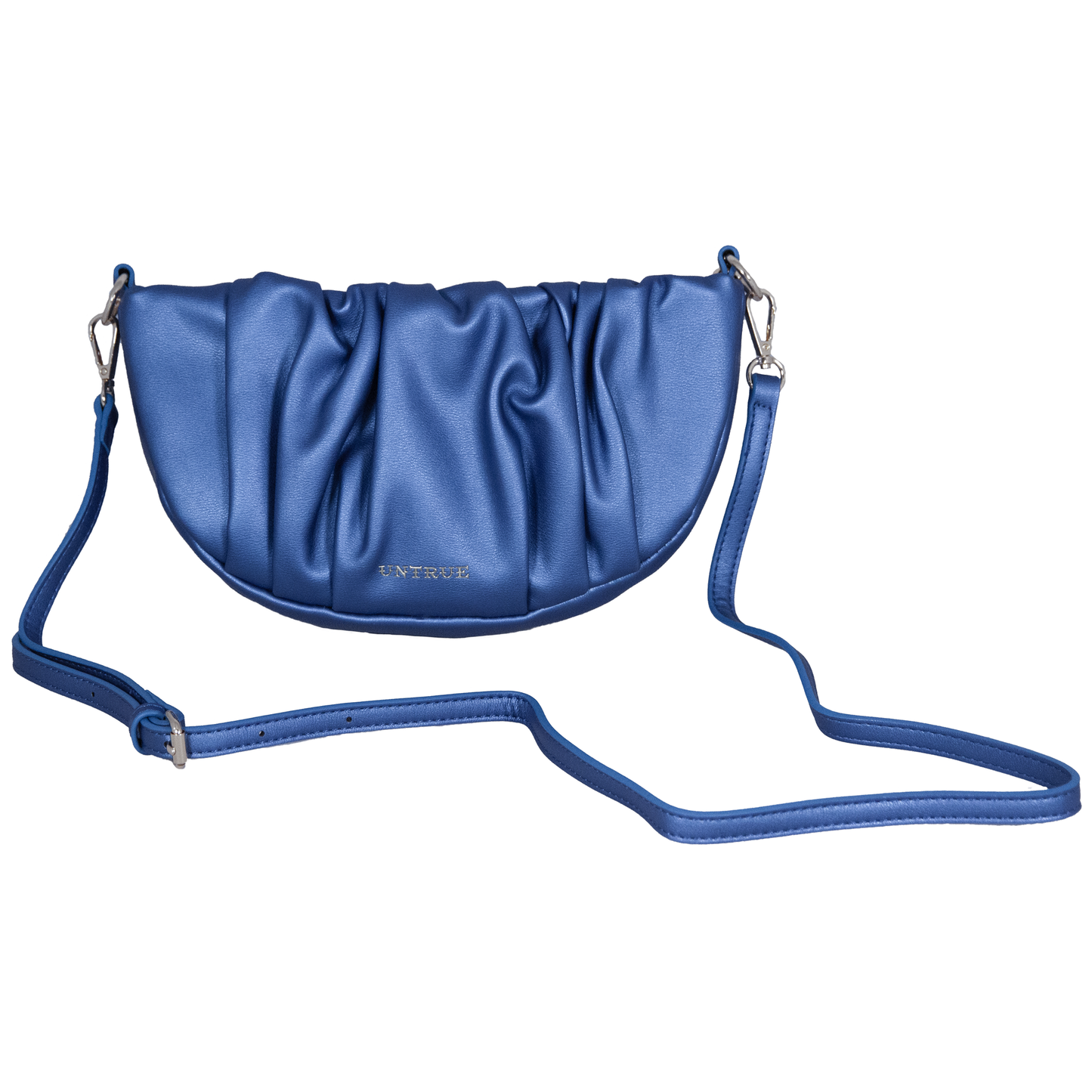 Blue handbag with a strap on a white background