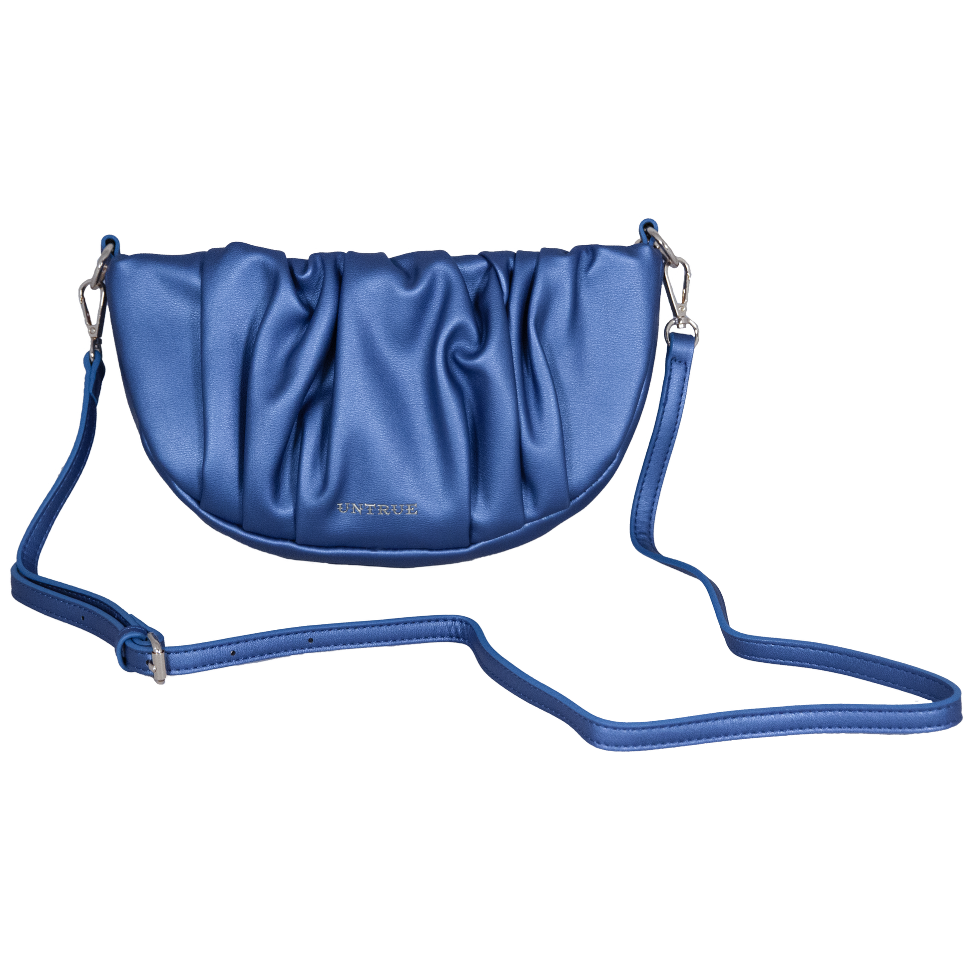 Blue handbag with a strap on a white background