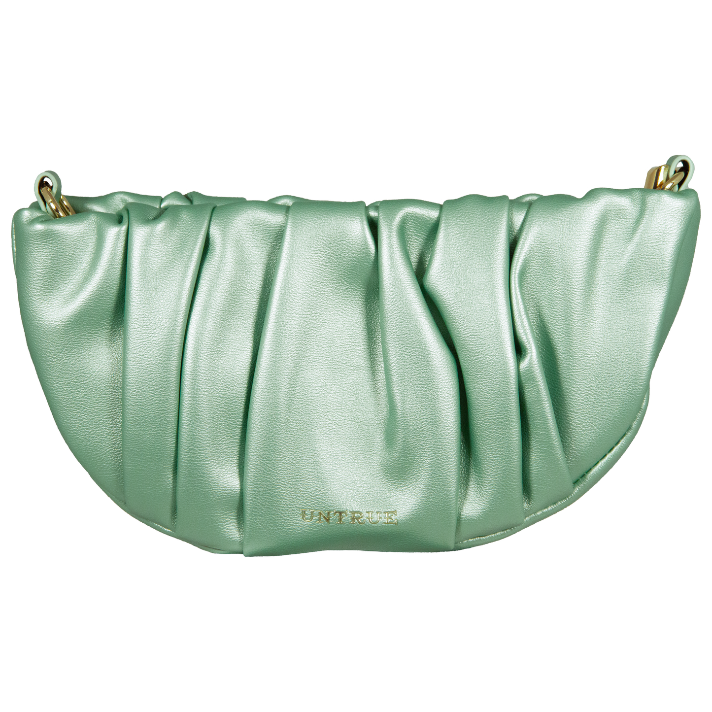 Mint green clutch bag with branding on a white background