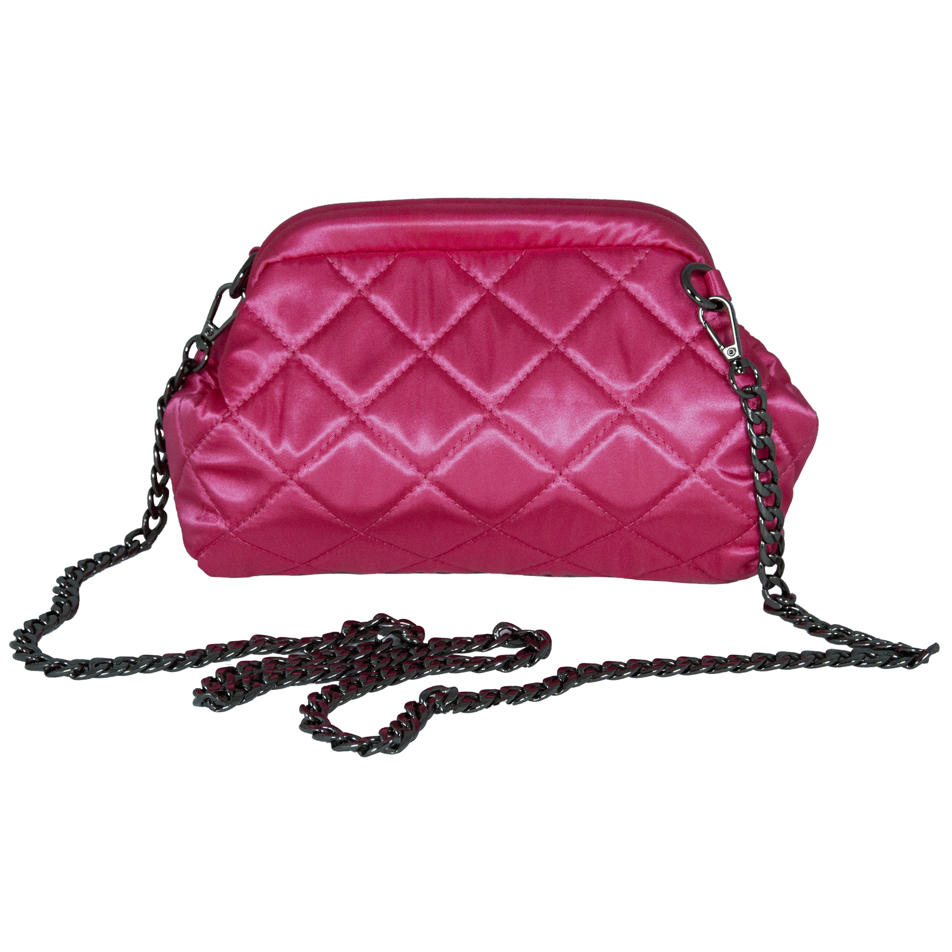 Pink quilted handbag with a black chain strap on a white background
