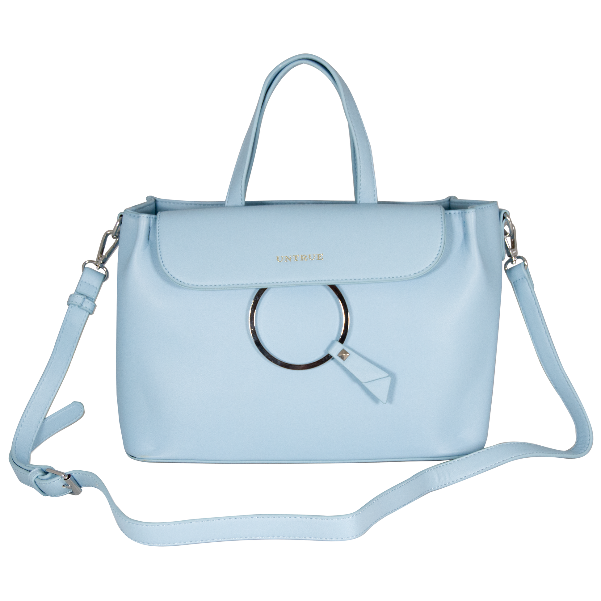 Light blue handbag with a circular handle on a white background