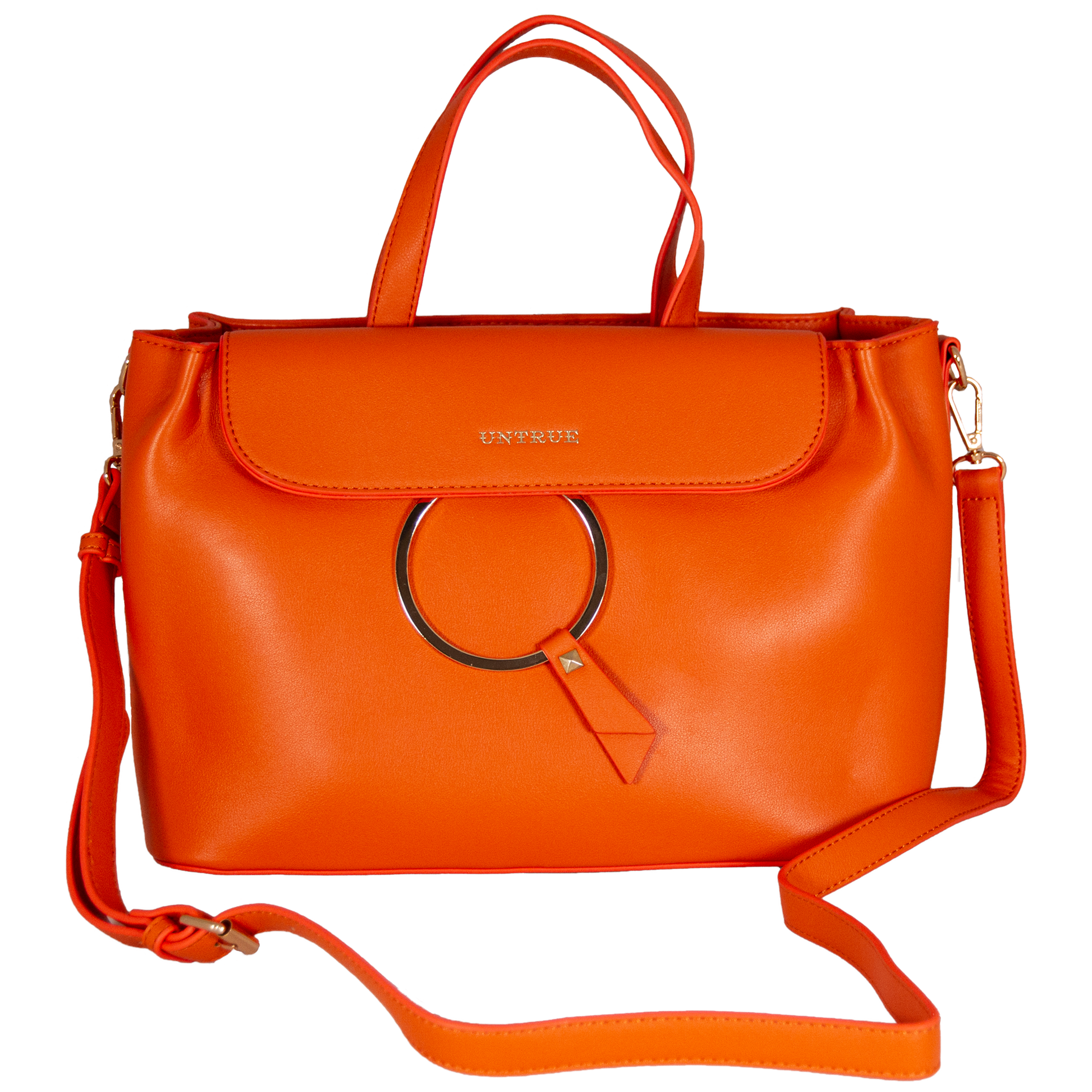 Orange handbag with a circular handle on a white background