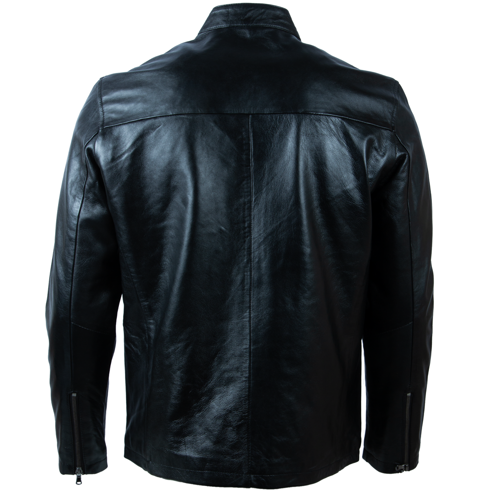 Black leather jacket shown from the back on a white background