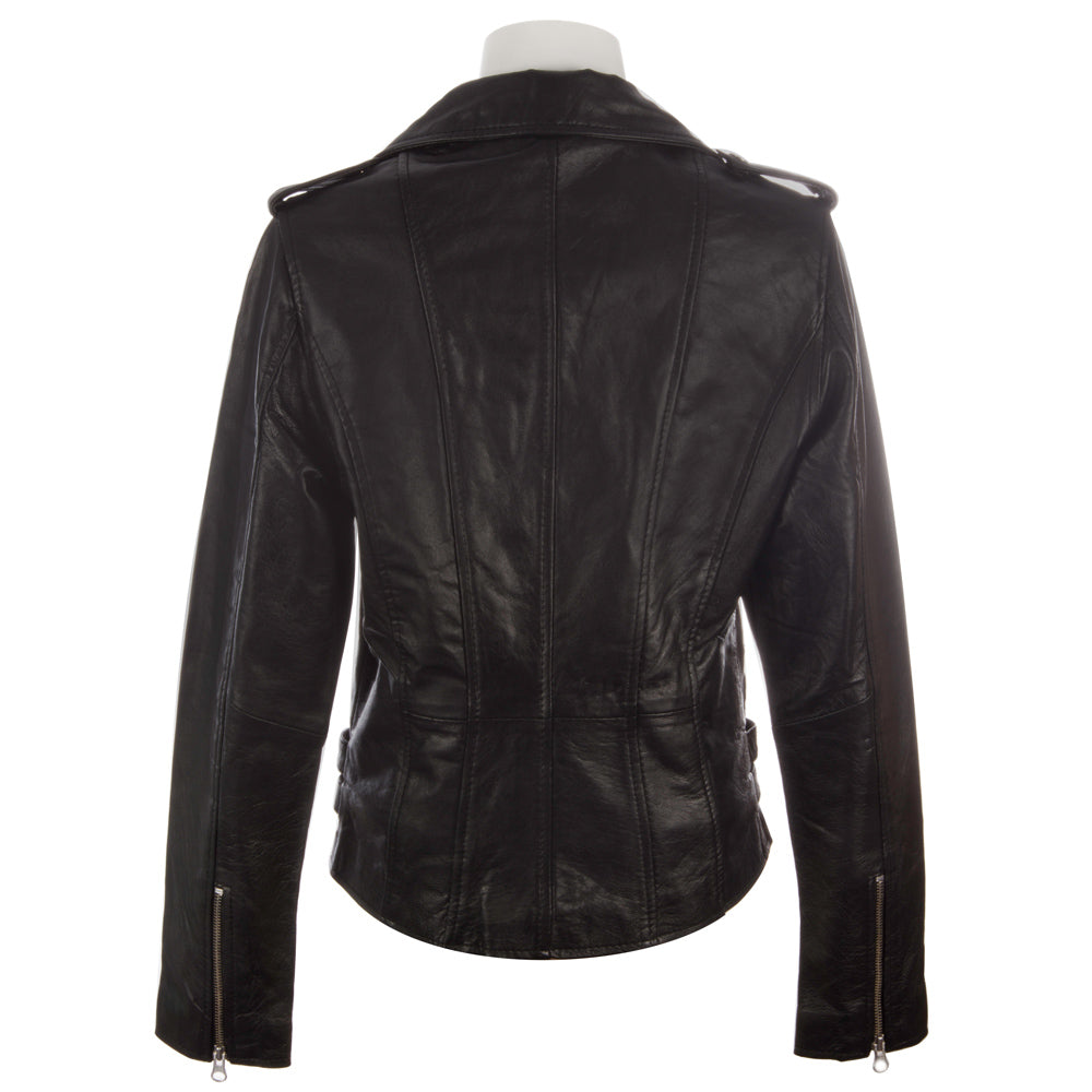 Black leather jacket on a mannequin against a white background back view