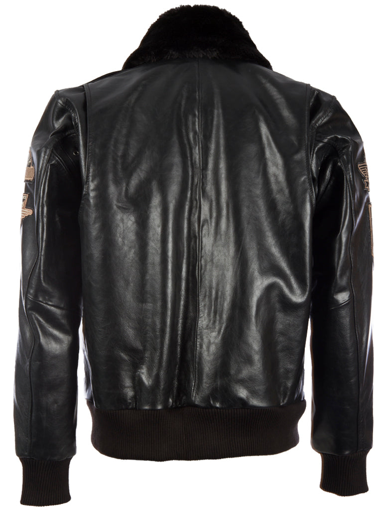 Black leather jacket with fur lining on a white background back view