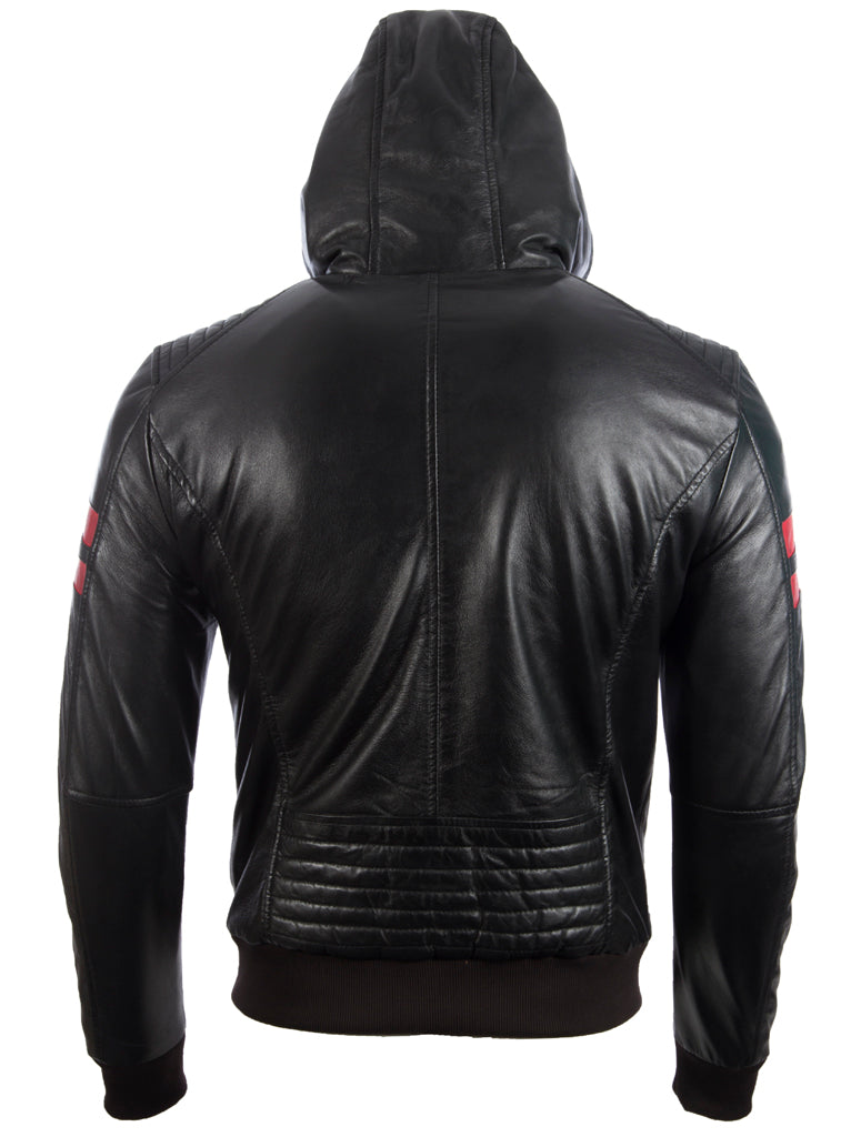 Men's Black Leather Bomber Jacket with Hood