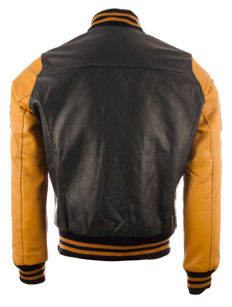 Black and yellow varsity jacket on a white background
