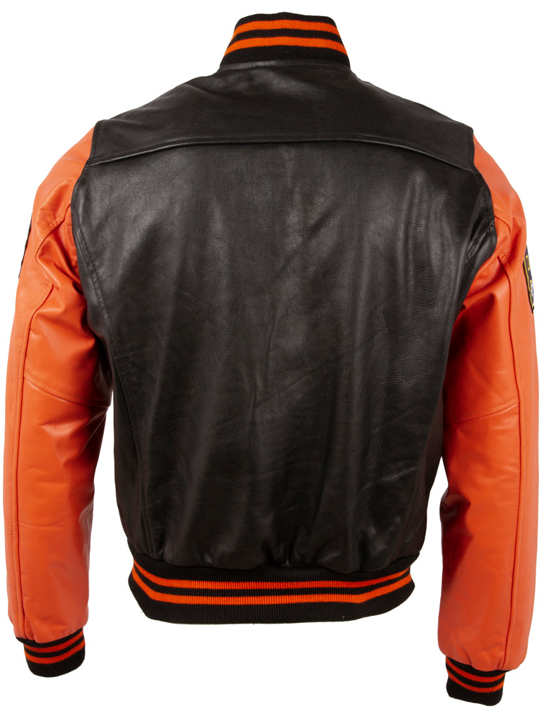 Black and orange varsity jacket on a white background