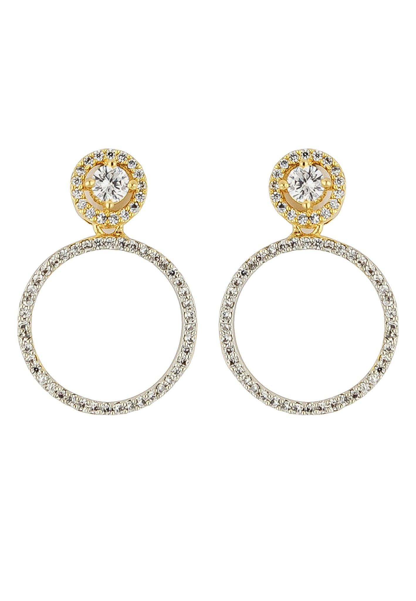 Gold and silver hoop earrings with clear gemstones on a white background