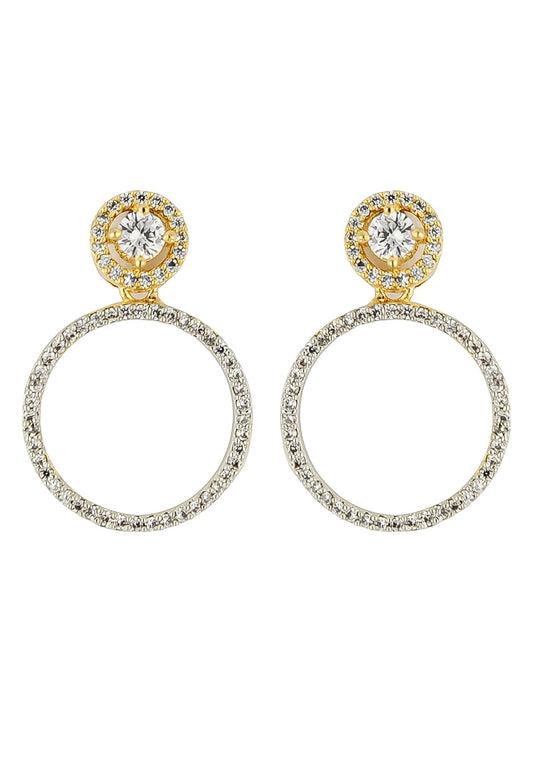 Gold and silver hoop earrings with clear gemstones on a white background