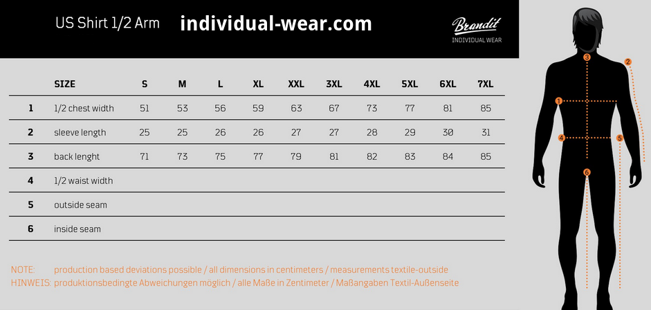 Measurement chart for shirts with a black silhouette of a person and brand logo at the top.