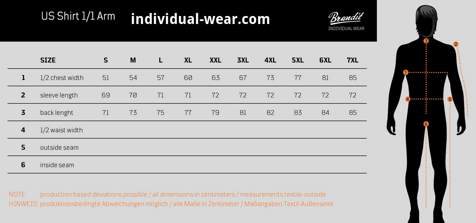 Measurement chart for US Shirt with half arm length on individual-wear.com