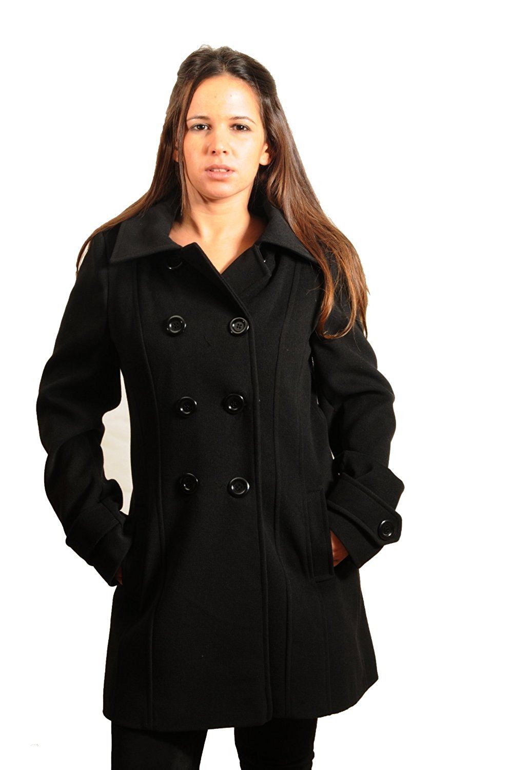 Woman wearing a black coat on a white background