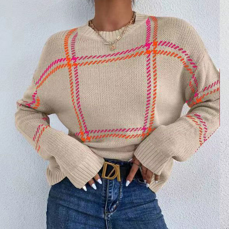 Women's Plaid Color Block Crew Neck Sweater