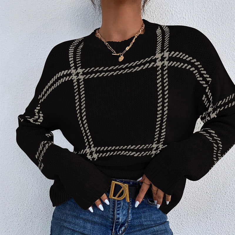 Women's Plaid Color Block Crew Neck Sweater
