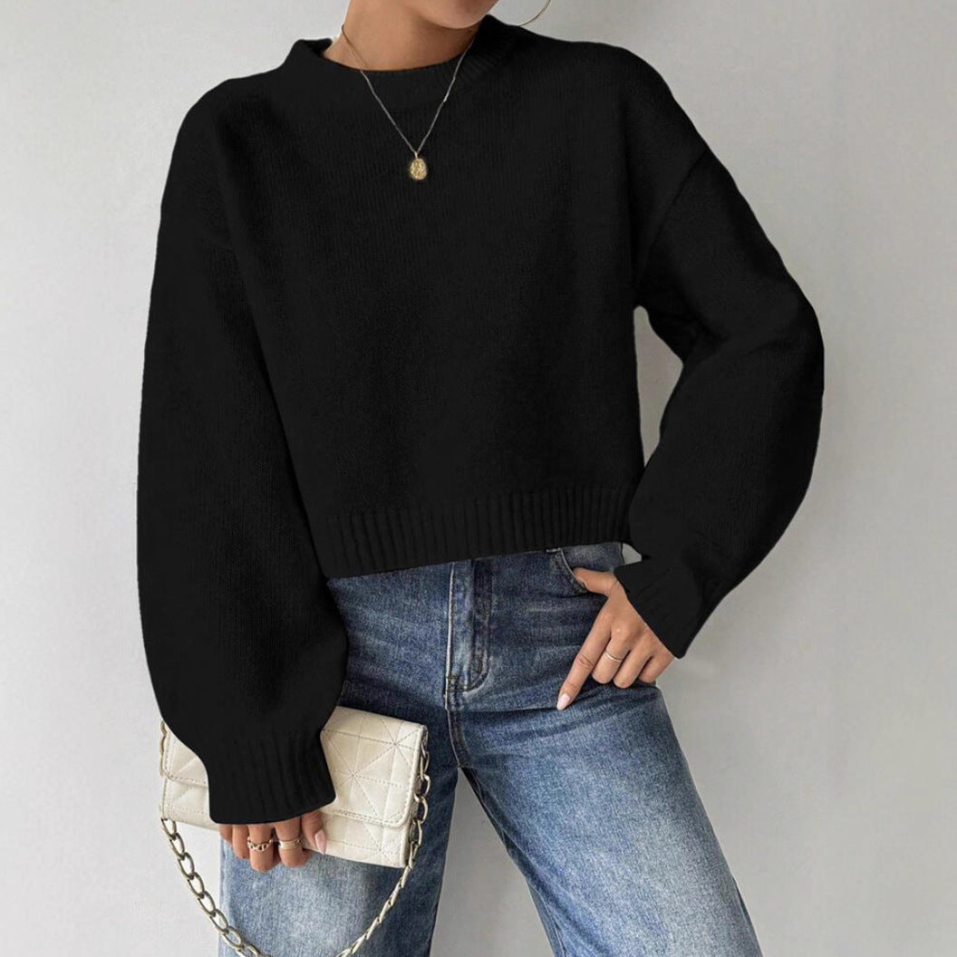 Women's Round Neck Solid Color Knit Sweater