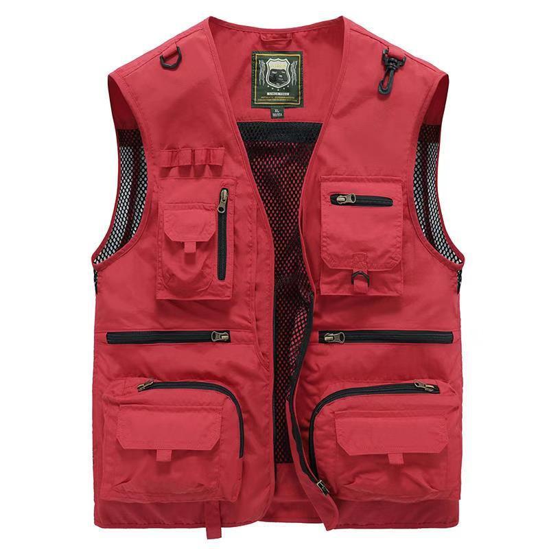 Red vest with multiple pockets and a visible brand logo on a white background