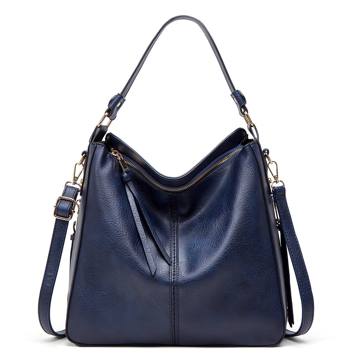Blue leather handbag with gold zippers on a white background