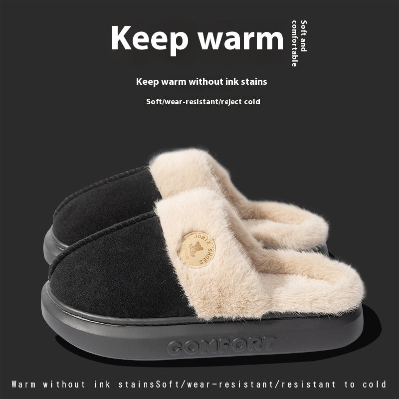 Black and beige slippers with a brand logo on a black background, featuring text about warmth and comfort.