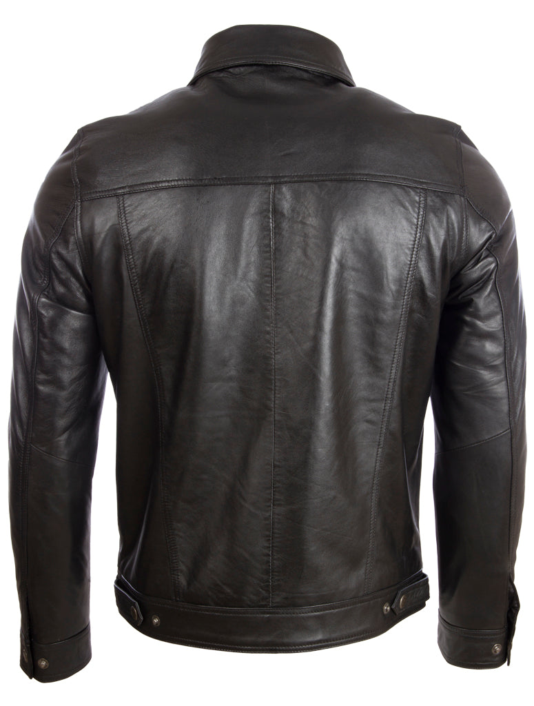 Black leather jacket shown from the back on a white background