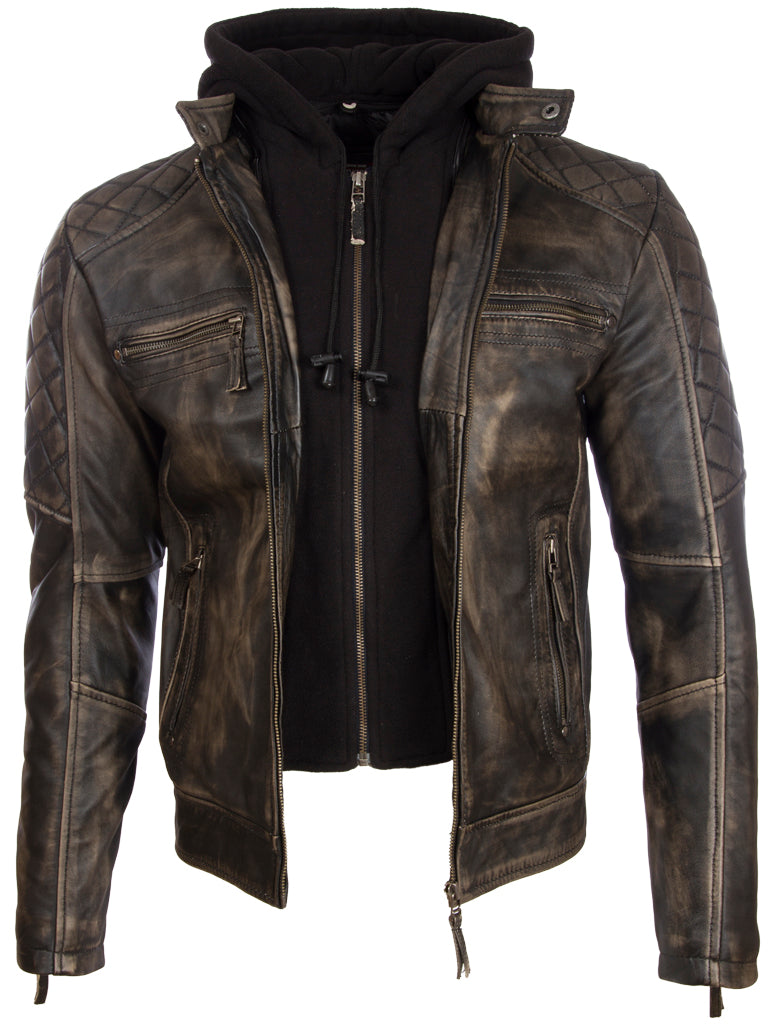 Men's Black Hooded Biker Jacket - Nappa Leather