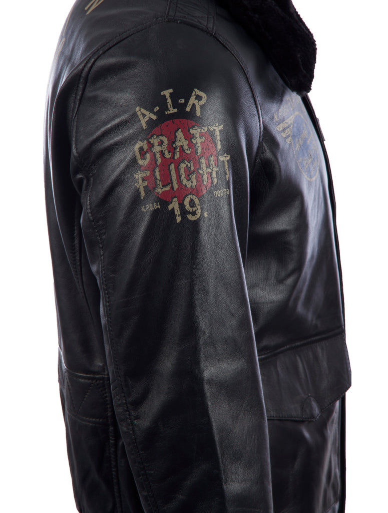 Black leather jacket with 'A-I-R Craft Flight' embroidery on a white background