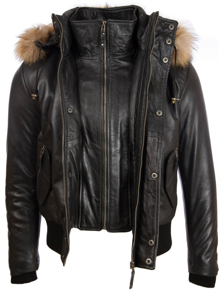 Men's Black Leather Bomber Jacket - Fur Hood