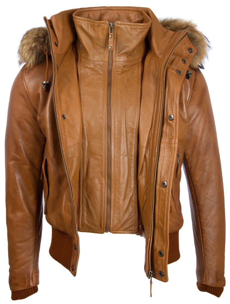 Brown leather jacket with fur hood on a white background
