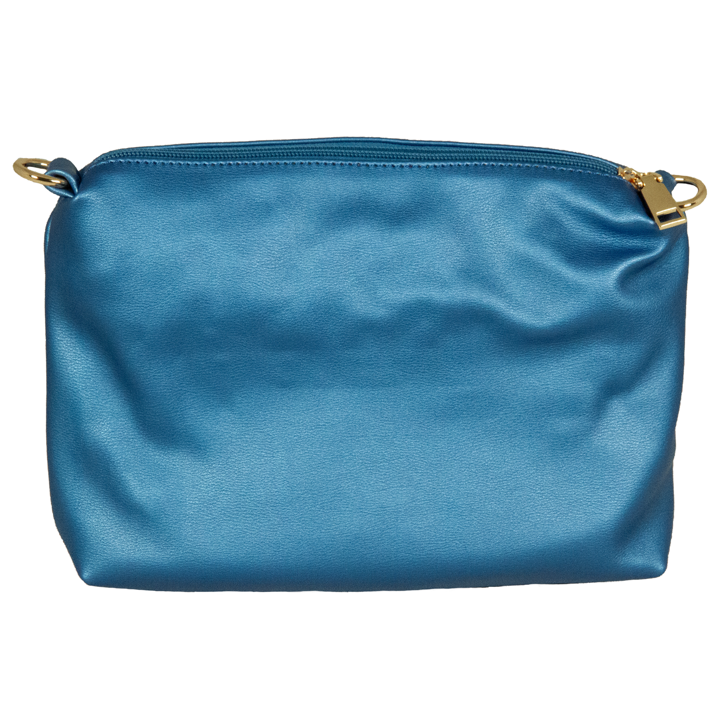 Blue pouch with a gold zipper on a white background